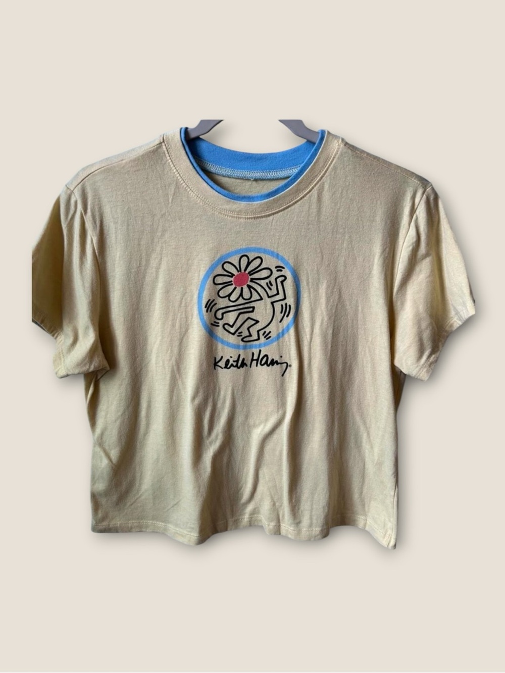 Keith Haring Cream Graphic Tee with Blue Trim, Medium, GUC